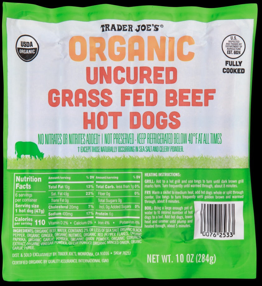Organic Uncured Grass Fed Beef Hot Dogs