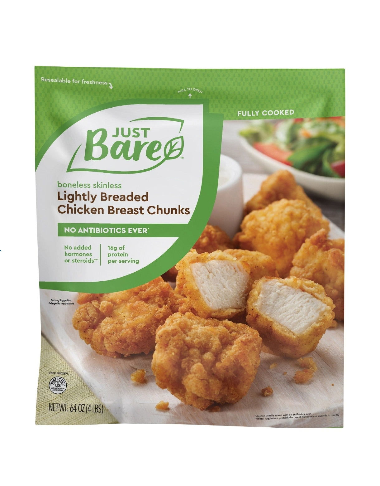 Just Bare Lightly Breaded Chicken Breast Chunks, Boneless Skinless, 4 lbs