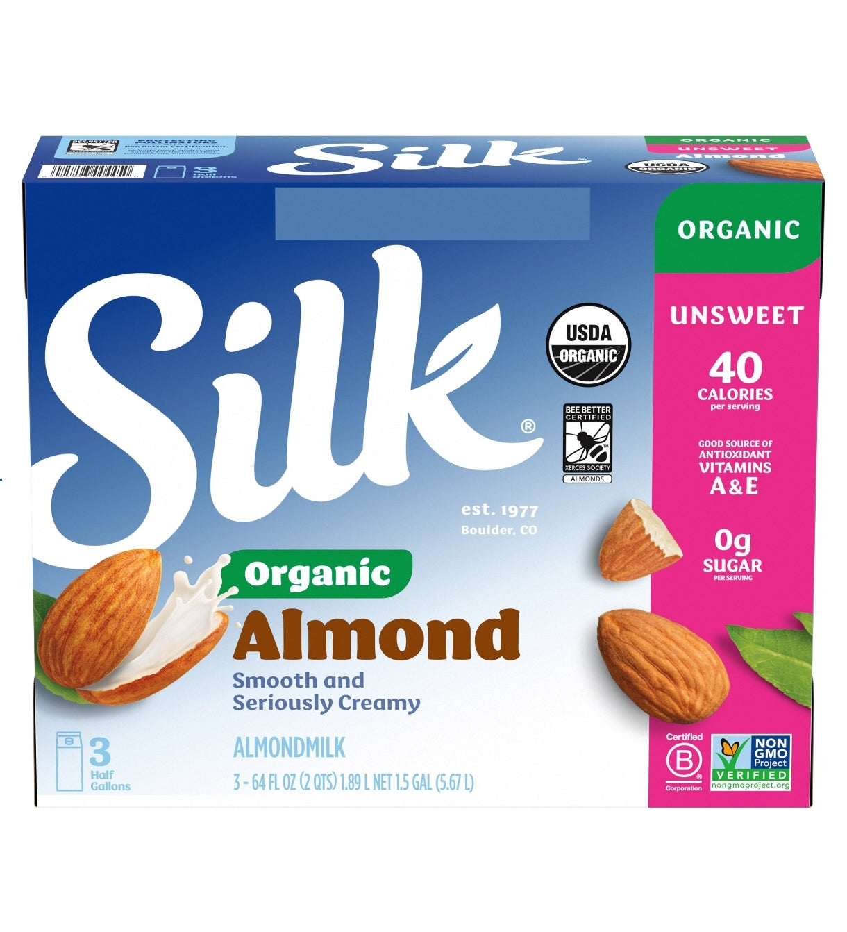 Silk Organic Almond Milk Unsweetened, Half Gallon, 3-count