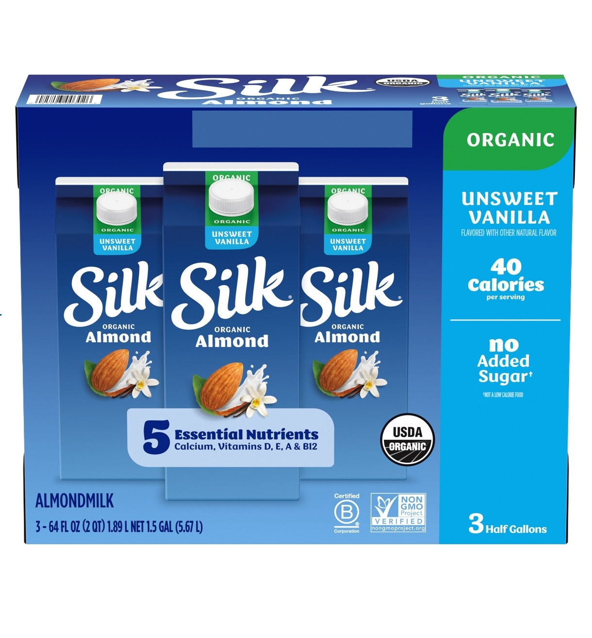 Silk Organic Unsweetened Vanilla Almondmilk, 64 fl oz, 3-count