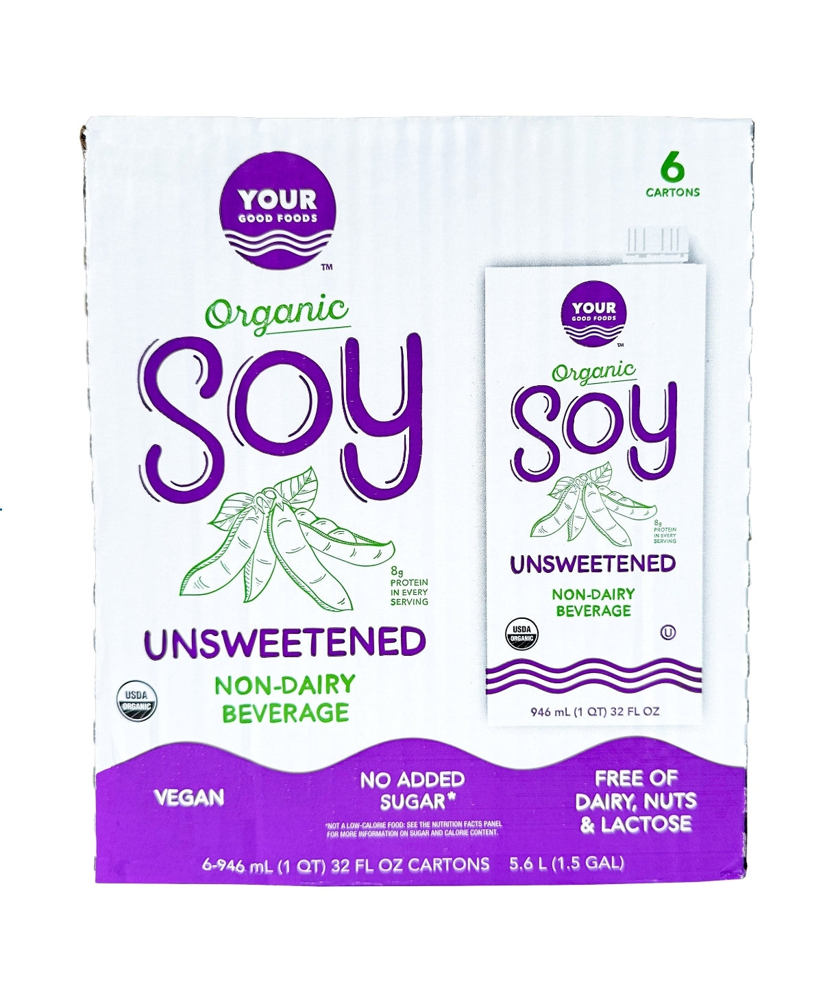 Your Good Foods Organic Unsweetened Soy Beverage, 32 fl oz, 6-count
