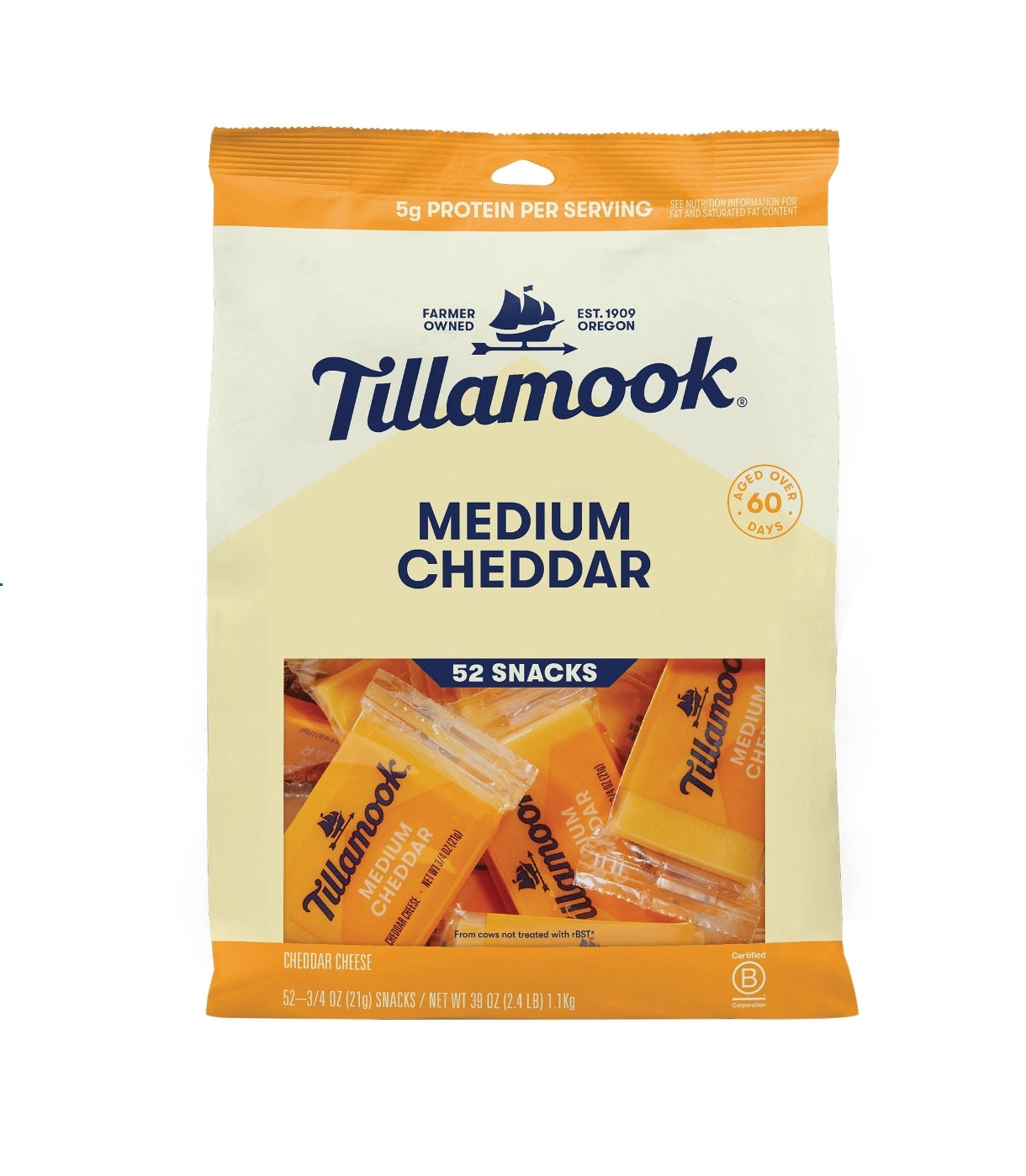 Tillamook Medium Cheddar Snacking Cheese, 0.75 oz, 52-count