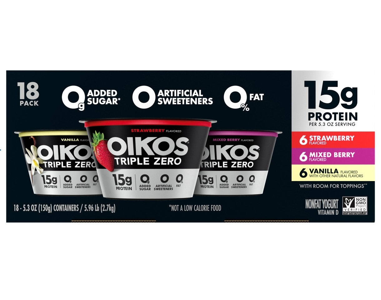 Oikos Triple Zero Greek Nonfat Yogurt, Variety Pack, 5.3 oz, 18-count