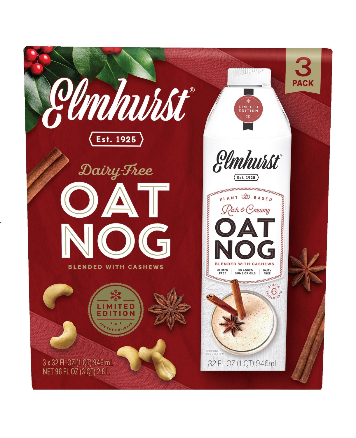 Elmhurst Dairy Free Oat Nog, 32 fl oz, 3-count
