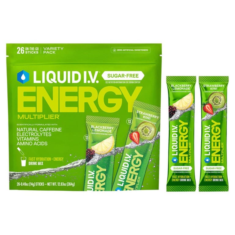 Liquid I.V. Energy Multiplier, 26 Individual Serving Stick Packs in Resealable Pouch, Sugar Free,