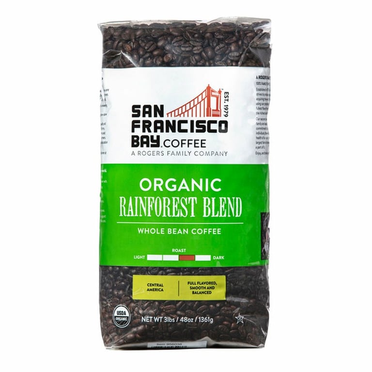San Francisco Bay Organic Rainforest Blend Coffee, Regular Roast, Whole Bean, 3 lbs