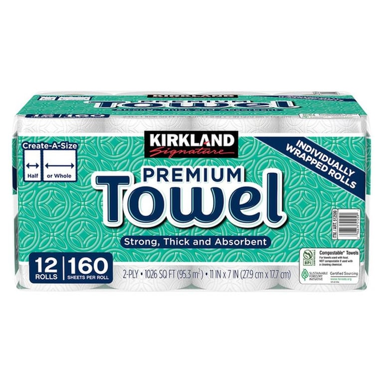 Kirkland Signature Paper Towels, 2-Ply, 160 Sheets, 12 Individually Wrapped Rolls