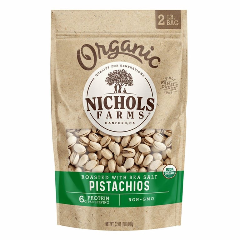 Nichols Farms Organic Roasted California Pistachios With Sea Salt, 32 oz