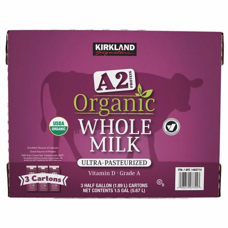 Kirkland Signature Organic A2 Whole Milk, Half Gallon, 3-count