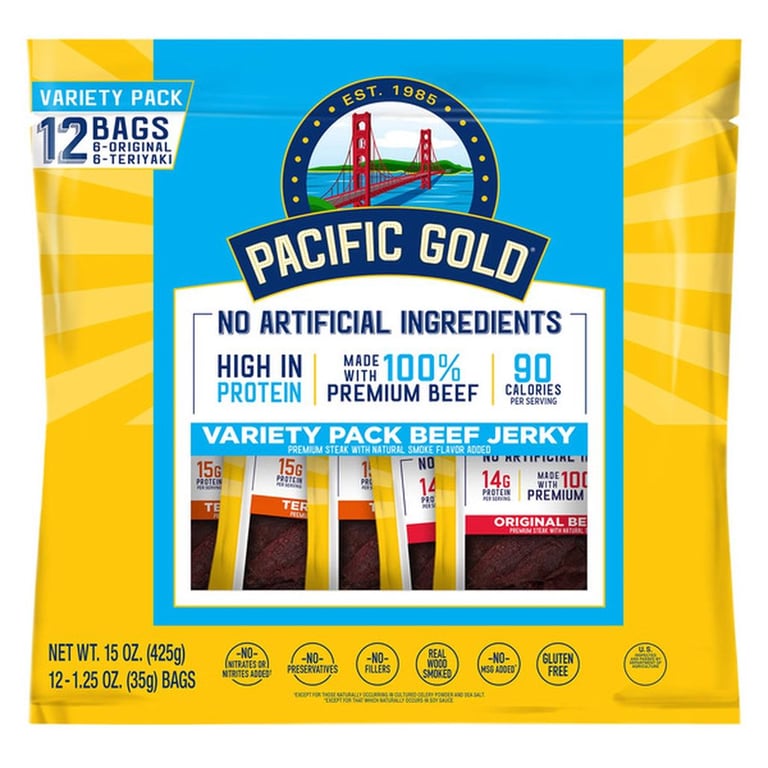 Pacific Gold Beef Jerky, Variety Pack, 15 oz, 12-count